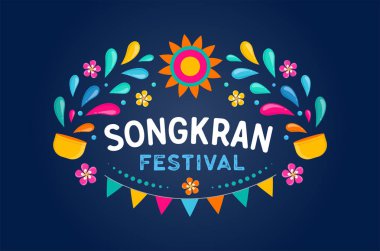 Songkran - su Festivali Tayland. Tay Yeni yıl ulusal tatil. Renkli vektör afiş ve arka plan