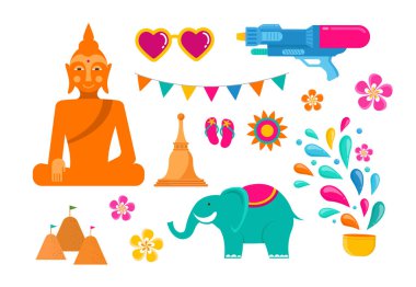 Songkran - su Festivali Tayland. Tay Yeni yıl ulusal tatil. Renkli vektör afiş ve arka plan