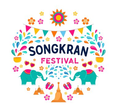 Songkran - su Festivali Tayland. Tay Yeni yıl ulusal tatil. Renkli vektör afiş ve arka plan