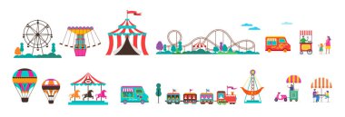 Carousels, hava balonları ve roller coaster ile eğlence parkı. Sirk, eğlence Fuarı ve Carnival Icon set