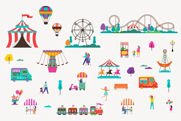 Amusement Park Carousels Air Balloons Roller Coaster Circus Fun Fair — Stock Vector