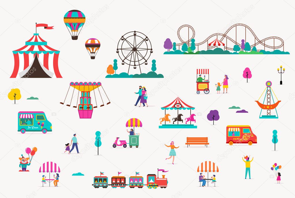 Amusement park with carousels, air balloons and roller coaster. Circus, Fun fair and Carnival icon collection