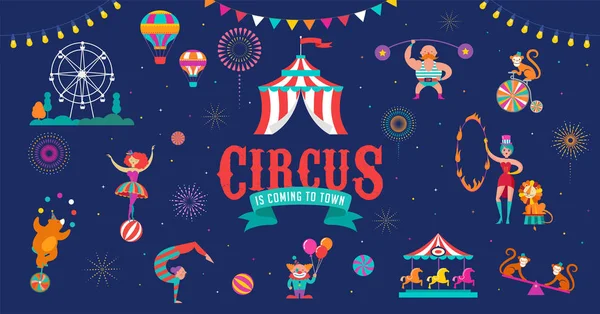 Banner de circo y fondo con carpa, mono, globos aéreos, gimnasia, elefante sobre pelota, león, jugger y payaso. Ilustración vectorial — Vector de stock