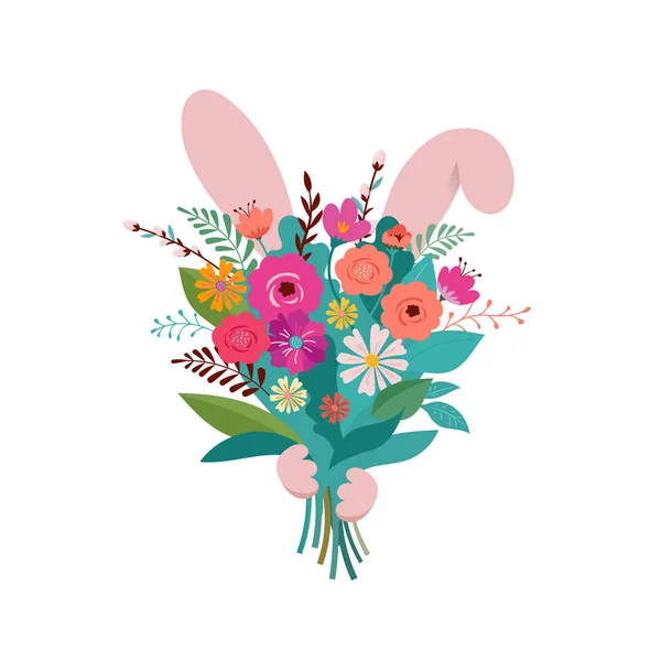 Bunny se esconde detrás del ramo de flores. Ilustración del concepto primavera y Pascua — Archivo Imágenes Vectoriales