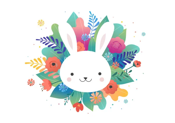 Tarjeta de felicitación de Pascua - flores y conejito lindo. Diseño vectorial — Archivo Imágenes Vectoriales