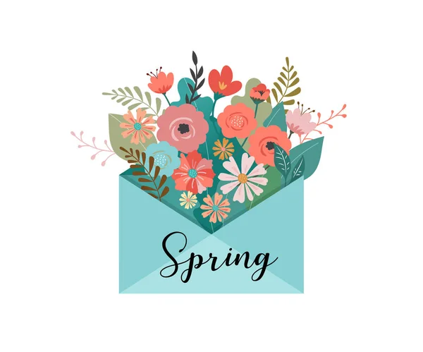 Hello spring, letter envelope with flower bouquet — Stock Vector