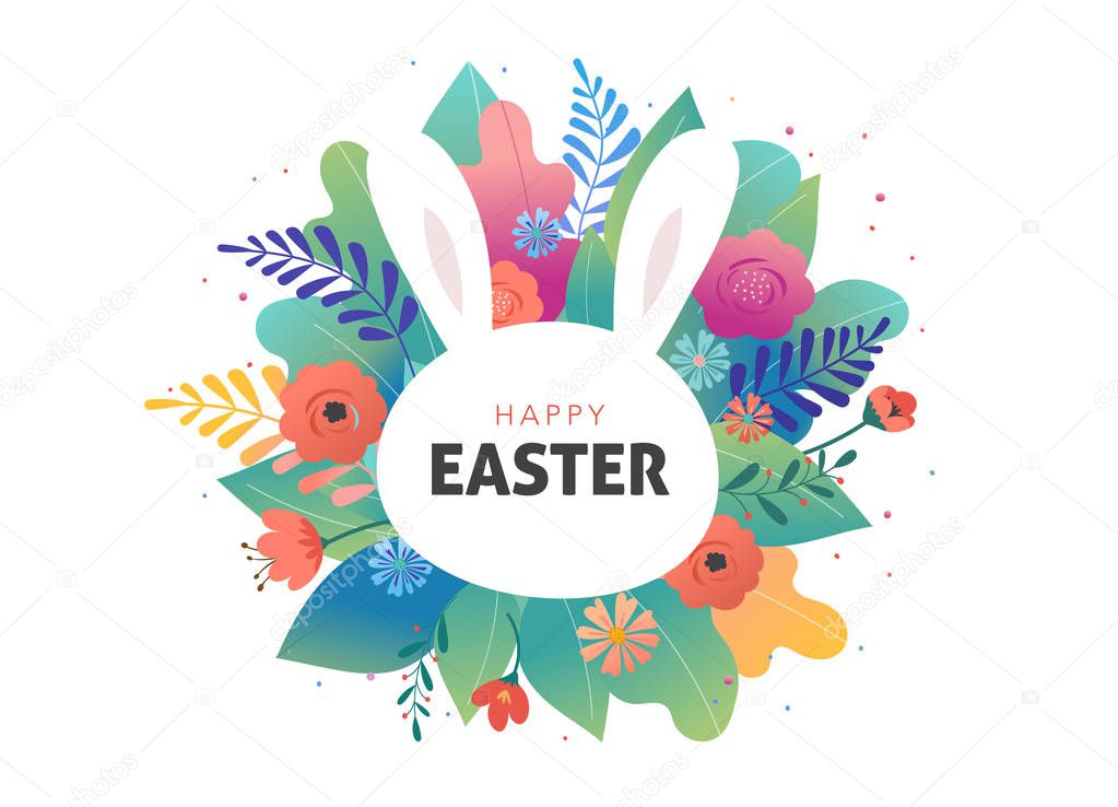 Easter greeting card - flowers and cute bunny. Vector design