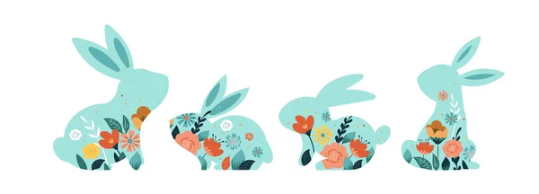 Jolies illustrations vectorielles de Pâques de lapins, icônes de lapins, décorées de fleurs — Image vectorielle