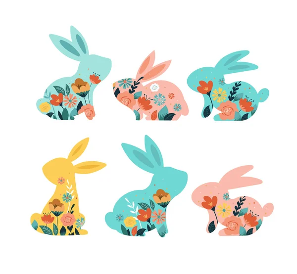 Счастливые пасхальные векторные иллюстрации кроликов, икон кроликов, украшенные цветами — стоковый вектор