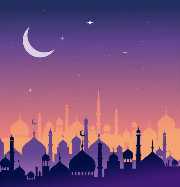 Ramadan Kareem cartão de saudação e banner. Lanterna islâmica na lua abd estrelas fundo. Ilustração vetorial — Vetor de Stock