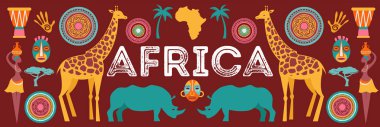 Afrika afiş, Safari, hayvanlar, kabile sembolleri vektör çizim