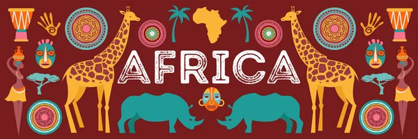 Afrika banner, vektorillustration av Safari, djur, tribal symboler — Stock vektor