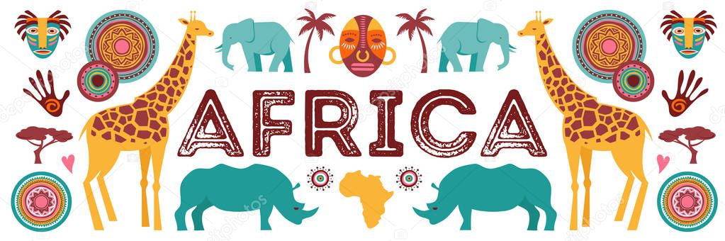 Africa banner, vector illustration of Safari, animals, tribal symbols