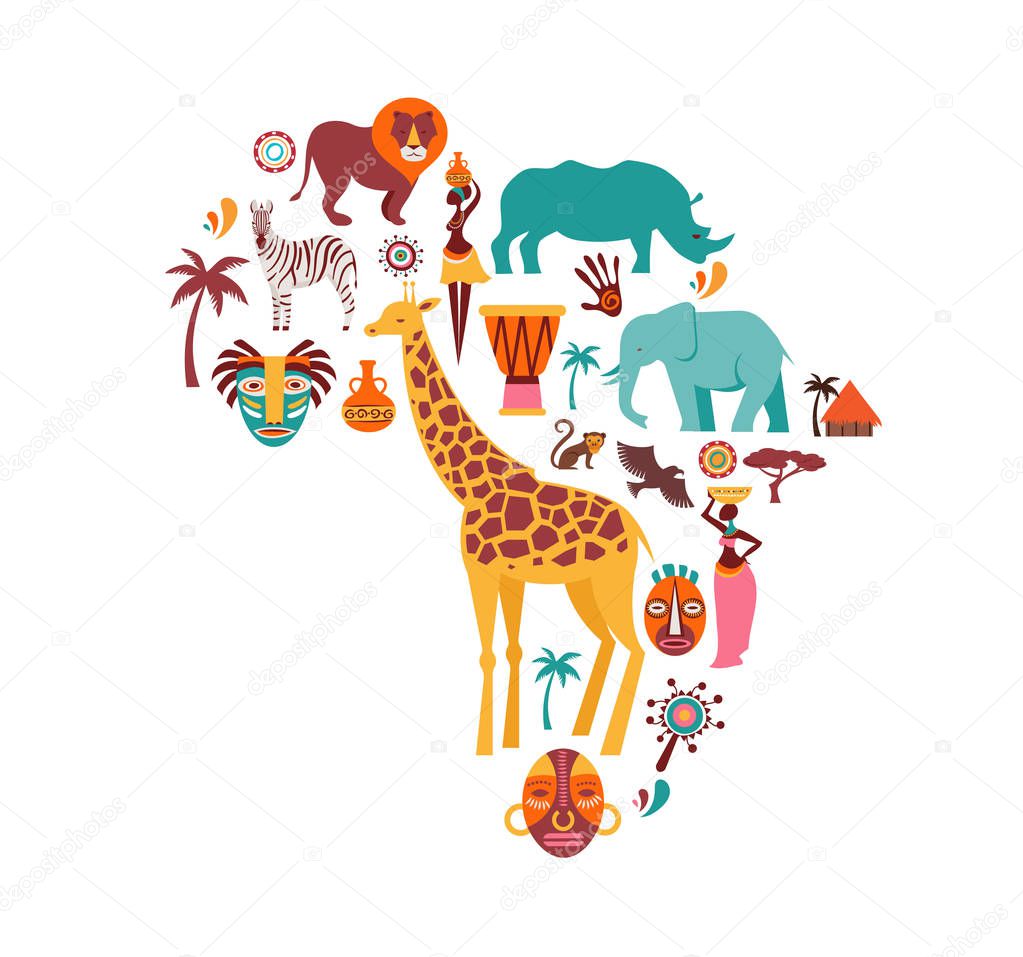 Africa map illustrated with animals icons, tribal symbols. Vector design