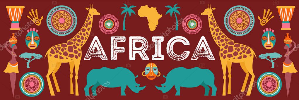 Africa banner template, vector illustration of Safari, animals, tribal symbols