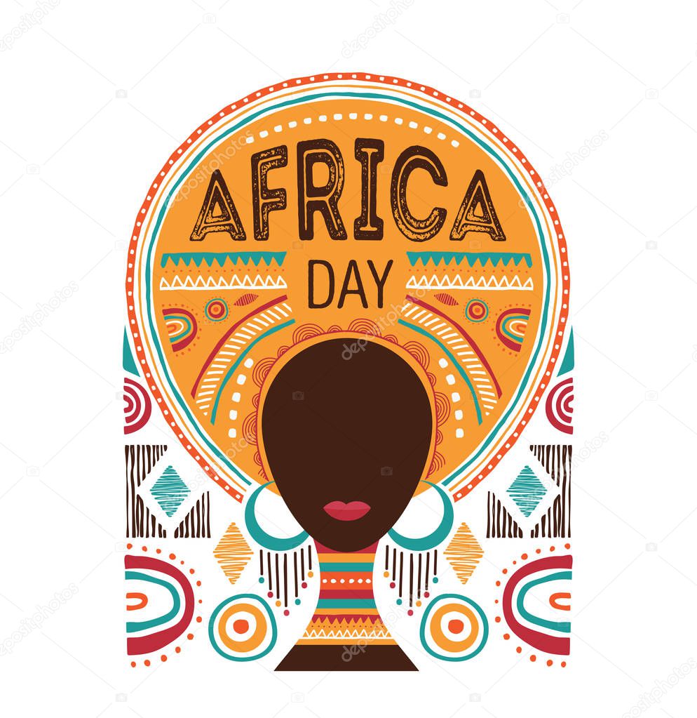 Africa day template, Vector illustration with African woman, tribe ornaments and patterns.