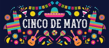 Cinco de Mayo - 5 Mayıs, Meksika 'da federal tatil. Fiesta afişi ve bayrakları, çiçekleri, süslemeleri olan poster tasarımı