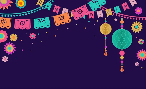 Mexikói Fiesta banner és poszter design zászlók, díszek, virágok — Stock Vector