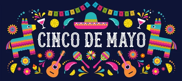 Cinco de Mayo - 5 de mayo, fiesta federal en México. Banner de fiesta y diseño de póster con banderas, flores, decoraciones — Archivo Imágenes Vectoriales