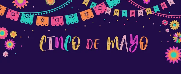 Cinco de Mayo - 5 mai, fête fédérale au Mexique. Bannière et poster Fiesta avec drapeaux, fleurs, décorations — Image vectorielle