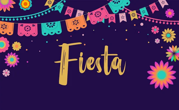 Mexikanische Fiesta Banner und Plakatgestaltung mit Fahnen, Blumen, Dekorationen — Stockvektor