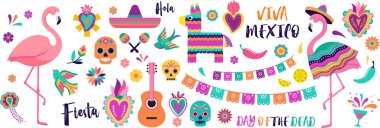 Meksika semboller, simgeler ve resimler. Cinco de Mayo, Fiesta ve ölülerin günü için renkli tasarım vektör koleksiyonu