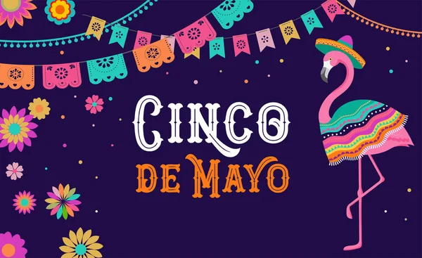 Cinco de mayo, banner Fiesta mexicana e design de cartaz com flamingo, flores, decorações — Vetor de Stock