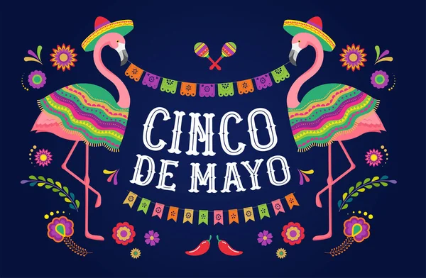 Cinco de mayo, pancarta de Fiesta Mexicana y diseño de póster con flamenco, flores, decoraciones — Archivo Imágenes Vectoriales