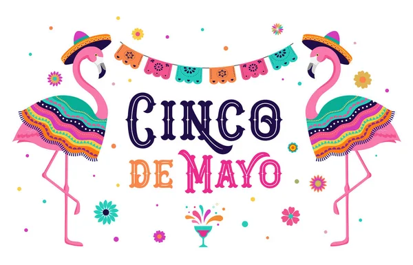Cinco de mayo, Μεξικάνικη φιέστα banner και αφίσα σχεδιασμό με φλαμίνγκο, λουλούδια, διακόσμηση — Διανυσματικό Αρχείο