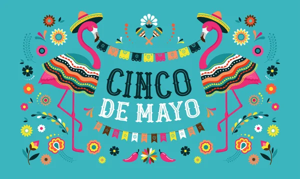 Cinco de mayo, mexikói Fiesta banner és poszter design, flamingo, virágok, dekoráció — Stock Vector