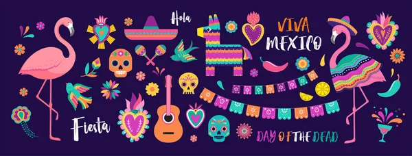 Мексиканские символы, иконки и иллюстрации. Векторная коллекция цветного дизайна для Cinco de Mayo, Festa и Day of the dead — стоковый вектор