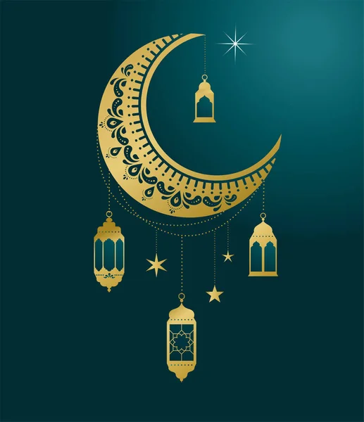 Ramadan Kareem Banner, cartão de felicitações. Lanterna islâmica e fundo da lua. Ilustração vetorial — Vetor de Stock