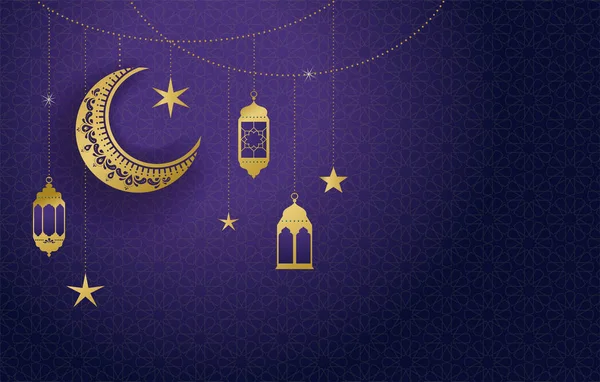 Ramadan Kareem Banner, cartão de felicitações. Lanterna islâmica e fundo da lua. Ilustração vetorial — Vetor de Stock