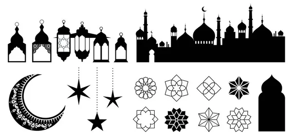 Исламские орнаменты, символы и иконы. Векторная иллюстрация с луной, фонарями, узорами и городским силуэтом — стоковый вектор