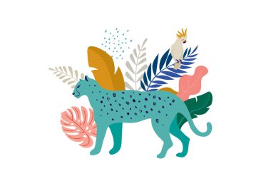 Tropikal egzotik hayvanlar ve kuşlar - leopar, kaplanlar, papağan ve tukanlar illüstrasyon vektör. Ormanda, yağmur ormanları vahşi hayvanlar