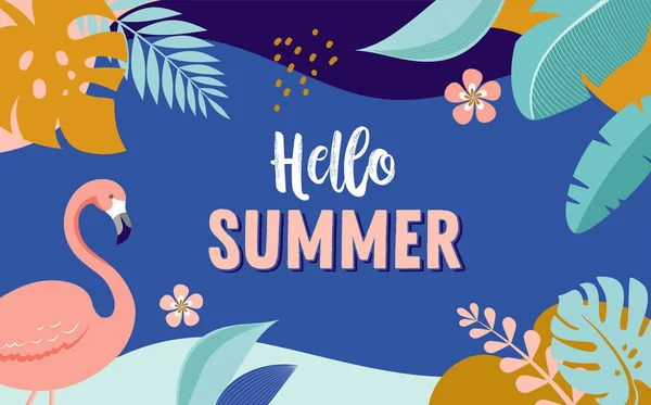 Hello Summer, design de bannière vectorielle avec flamant rose et feuilles tropicales — Image vectorielle