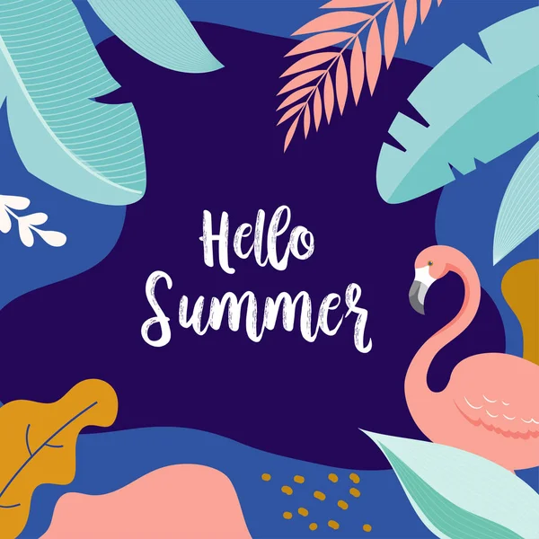 Olá Summer, design de banner vetorial com flamingo e folhas tropicais — Vetor de Stock