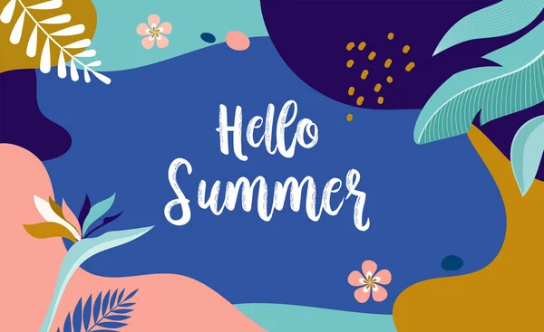 Hello Summer, design de bannière vectorielle avec flamant rose et feuilles tropicales — Image vectorielle
