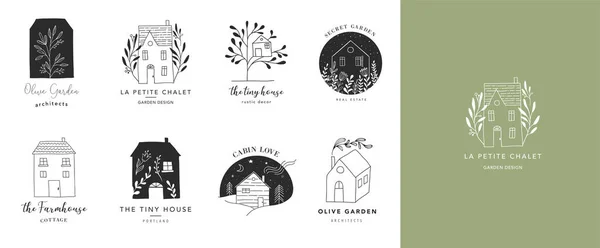 Collectie van de hand getrokken huis, huis logo's, iconen, tuinen en hutten. Vectorillustraties — Stockvector