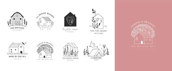 Colección de la casa dibujada a mano, logotipos de la casa, iconos, jardines y cabañas. ilustraciones vectoriales — Vector de stock