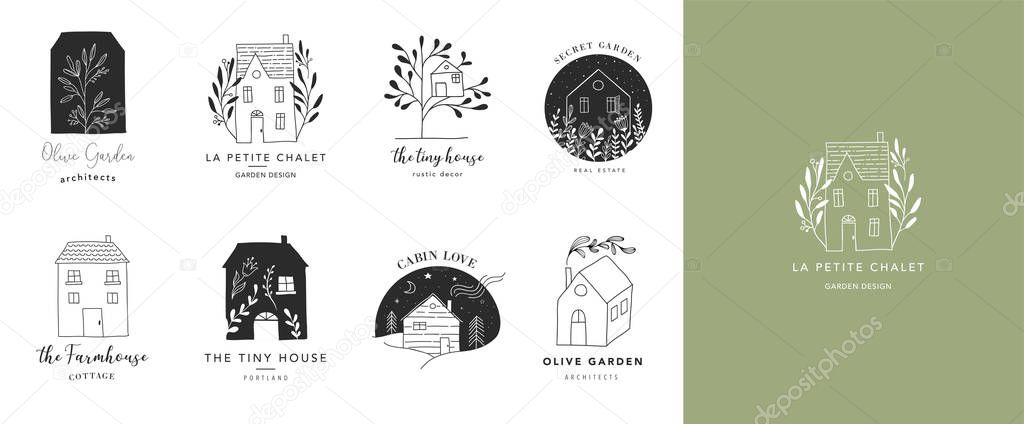 Collection of the hand drawn home, house logos and icons, gardens and cabins. Vector illustrations