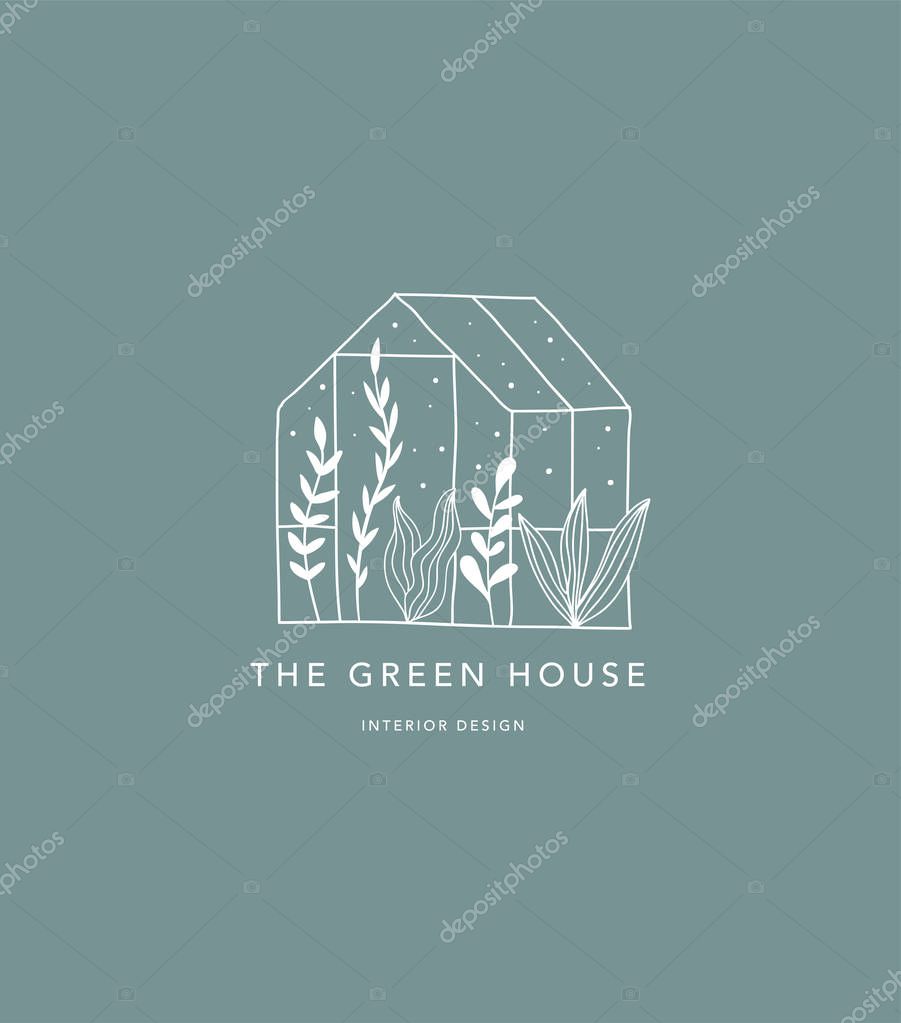 Hand drawn home, green house logo, icon. Vector illustration