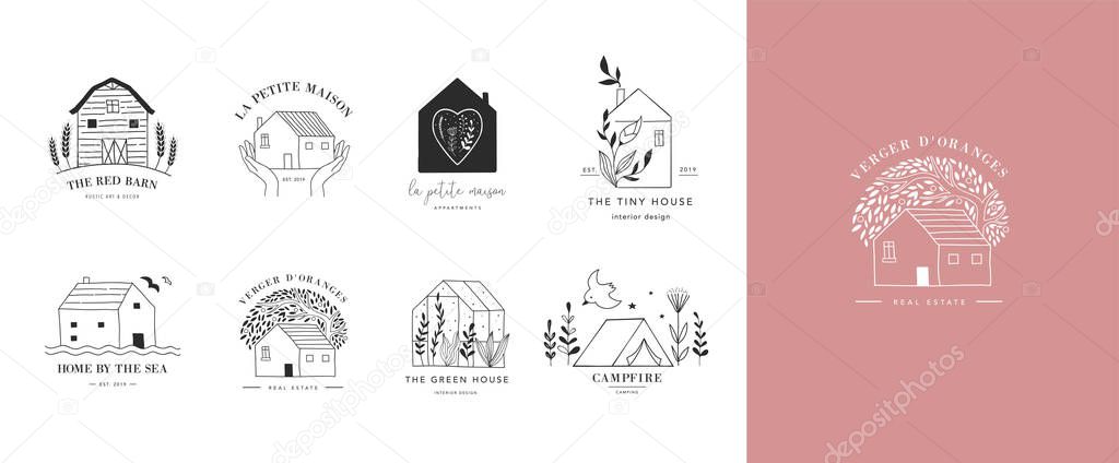 Collection of the hand drawn home, house logos and icons, gardens and cabins. Vector illustrations