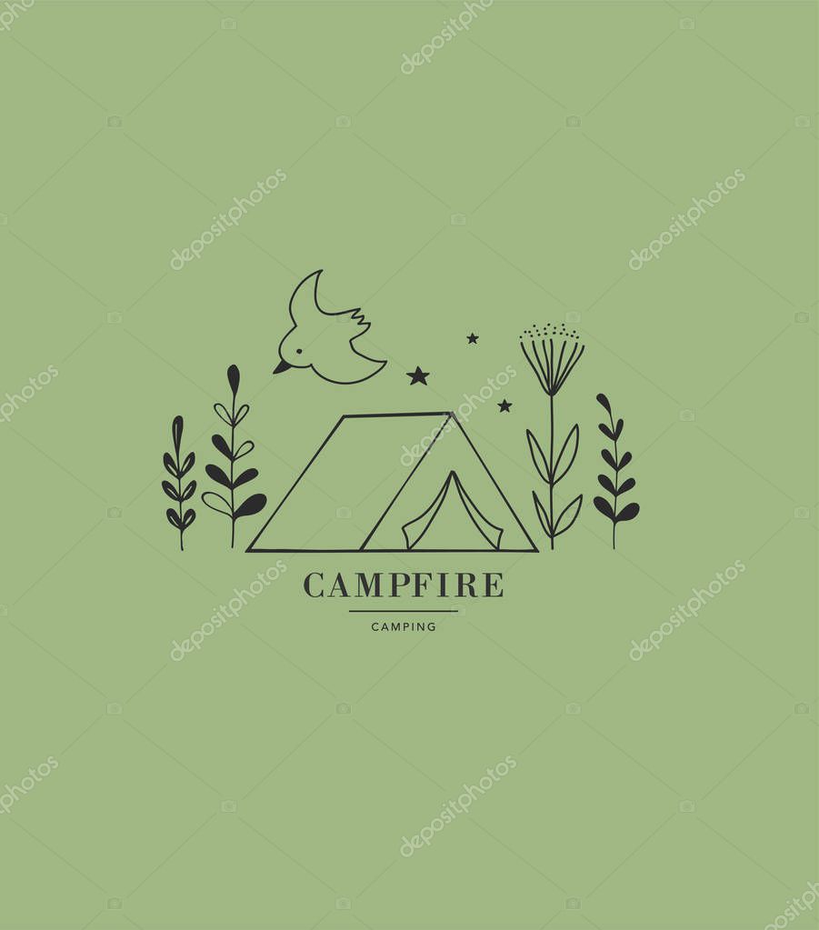 Hand drawn tent, camping logo, icon. Vector illustration