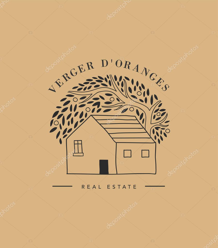 Hand drawn home, house with garden logo, icon. Vector illustration