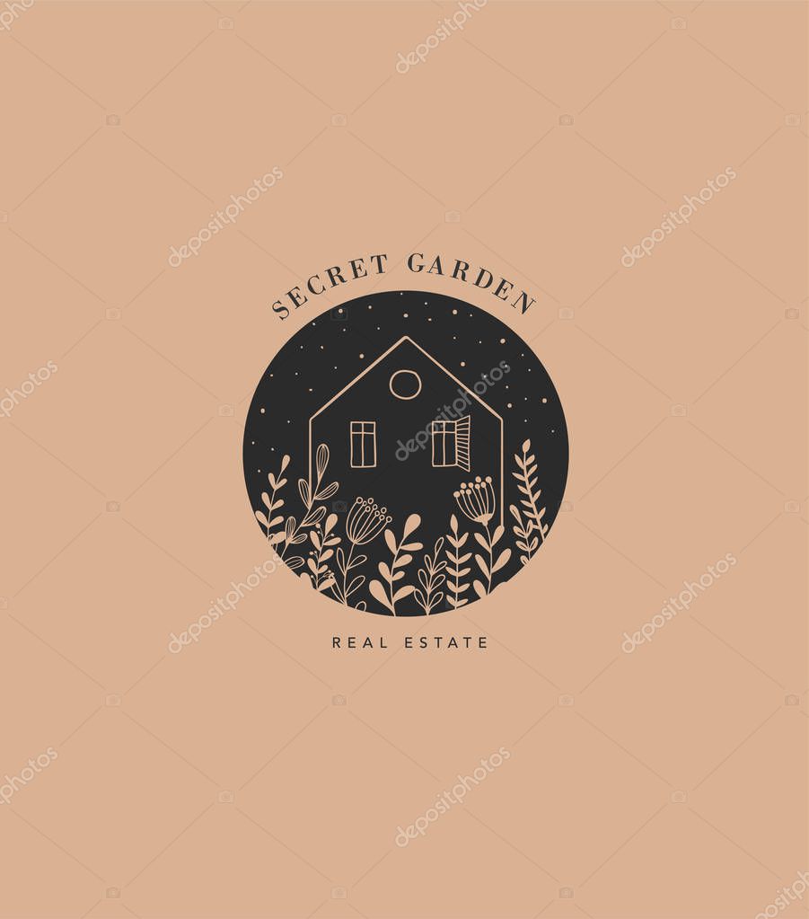 Hand drawn home, house with garden logo, icon. Vector illustration