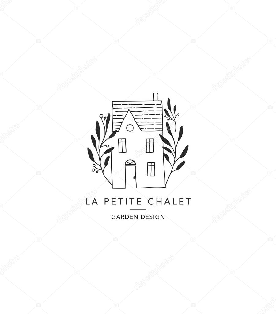 Hand drawn home, house with garden logo, icon. Vector illustration