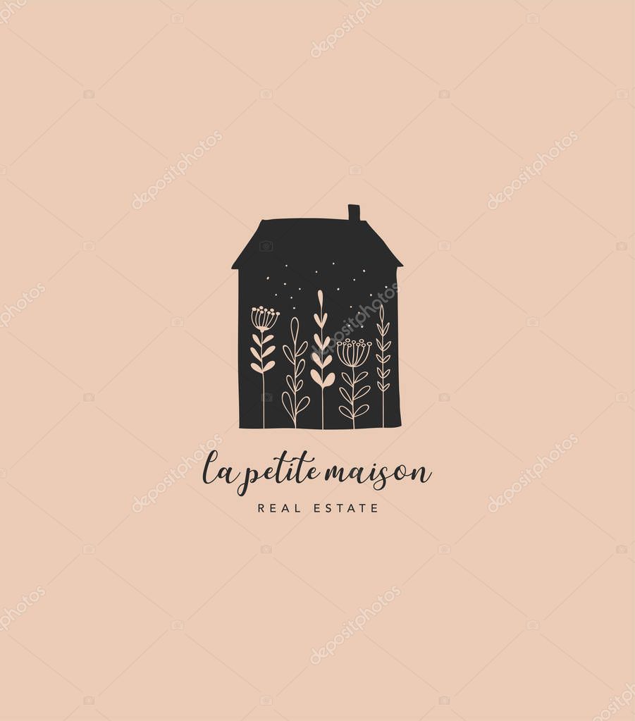 Hand drawn home, house with garden logo, icon. Vector illustration