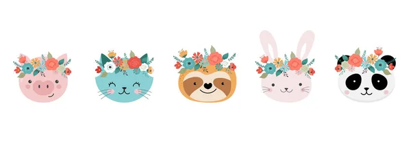 Cabeças de animais bonitos com coroa de flores, ilustrações vetoriais para design de berçário, cartaz, cartões de felicitações de aniversário. Panda, lhama, raposa, coala, gato, cachorro, guaxinim e coelho —  Vetores de Stock