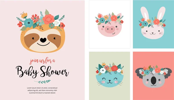 Χαριτωμένα ζώα κεφάλια με στεφάνι λουλουδιών, διανυσματικά εικονογραφήσεις για βρεφονηπιακό σχεδιασμό, αφίσα, ευχετήρια κάρτες γενεθλίων. Panda, Λάμα, αλεπού, κοάλα, γάτα, σκύλος, ρακούν και λαγουδάκι — Διανυσματικό Αρχείο
